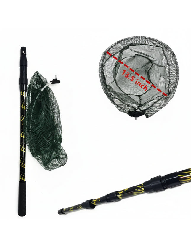 Black fishing net with a 13.5-inch diameter and a black and yellow telescopic pole