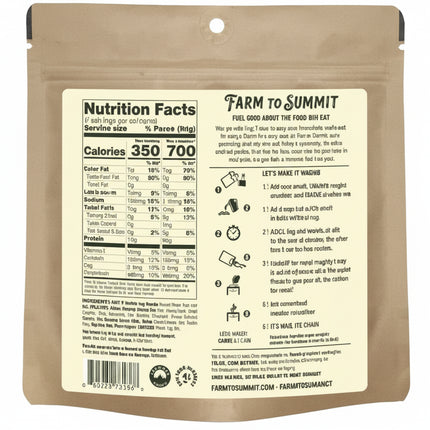 Farm to Summit packaging with nutrition facts and cooking instructions