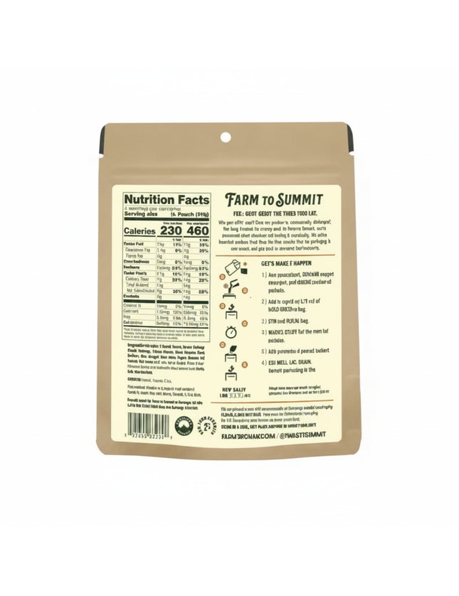 Farm to Summit packaging with nutrition facts and cooking instructions