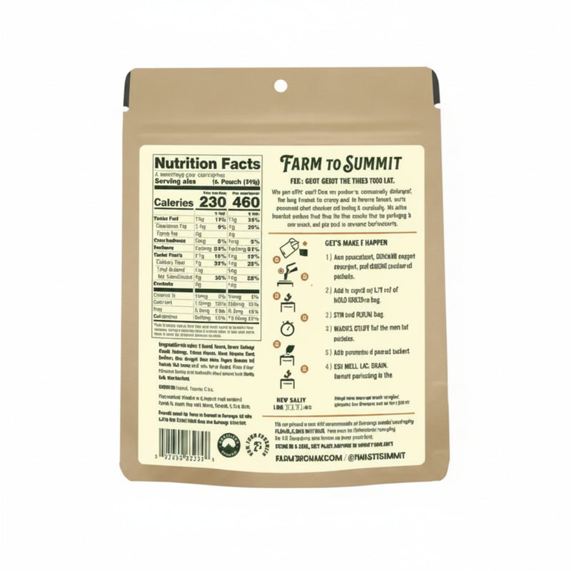 Farm to Summit packaging with nutrition facts and cooking instructions