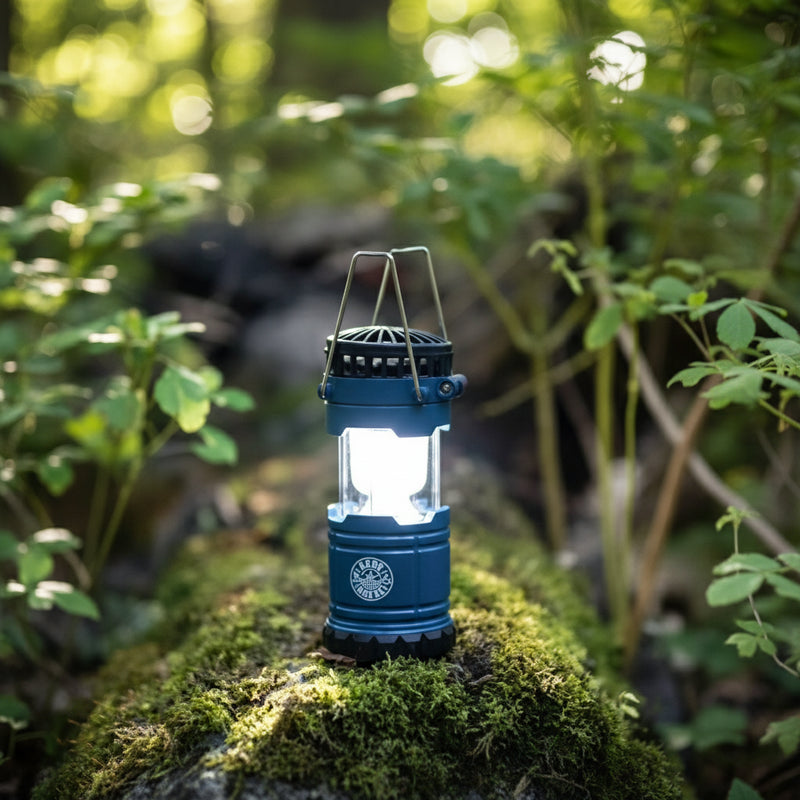 Blue LED lantern with a handle, standing on a mossy log in a forest setting