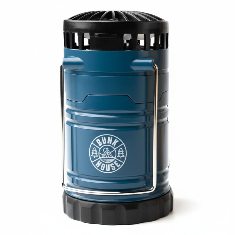 Bunkhouse blue camping lantern with black top and base