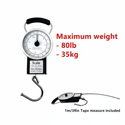 Luggage scale with 80lb/35kg capacity and 1m/39in tape measure