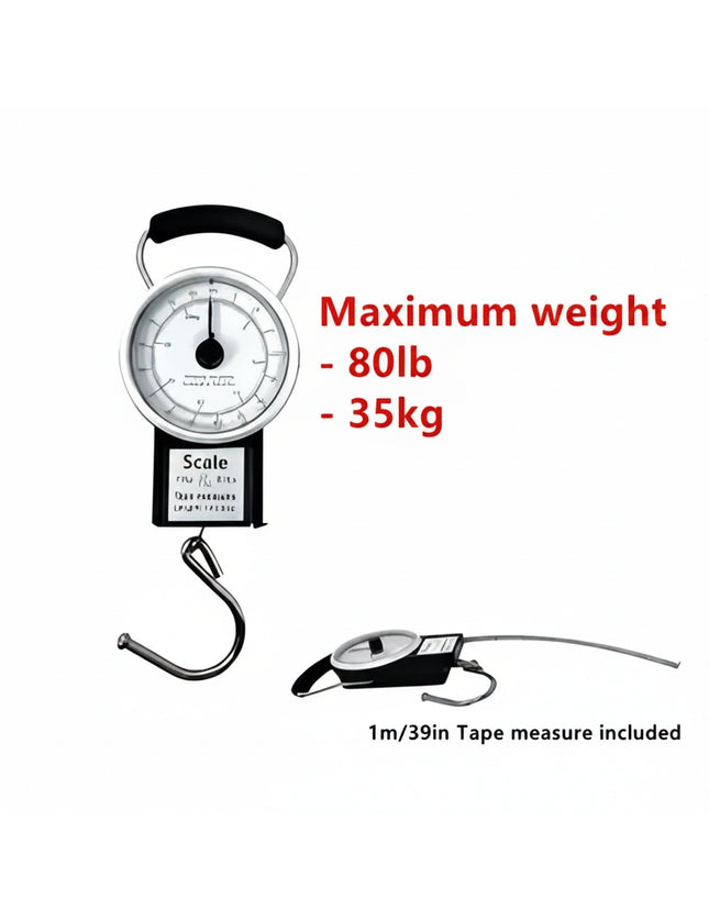 Luggage scale with 80lb/35kg capacity and 1m/39in tape measure