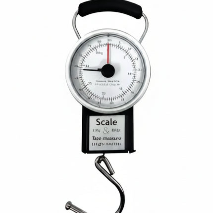 Analog hanging scale with a black handle and a silver hook