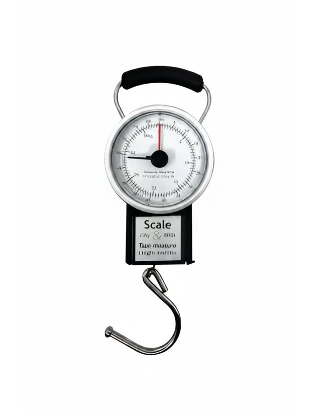 Analog hanging scale with a black handle and a silver hook