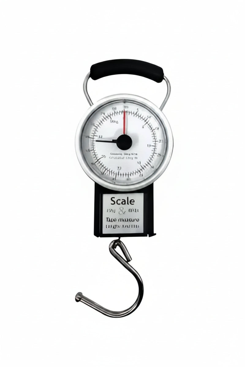 Analog hanging scale with a black handle and a silver hook