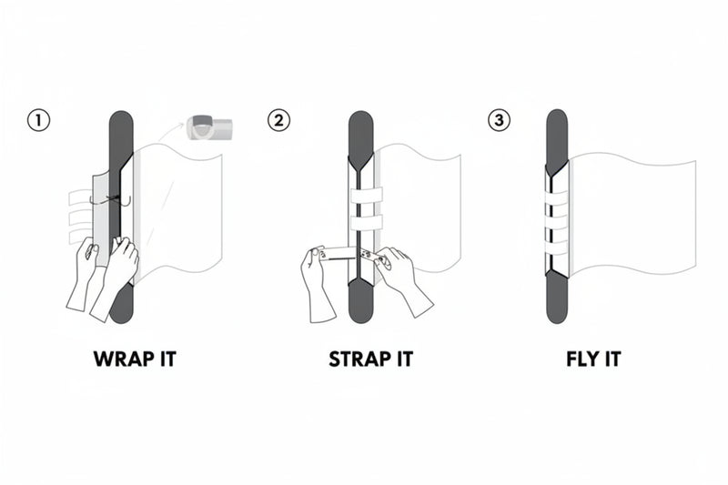 Diagram showing how to attach a flag to a pole using straps