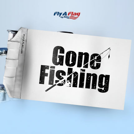Gone Fishing graphic on a white flag with a fishing rod illustration