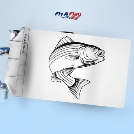 Fly A Flag brand graphic with a jumping striped bass illustration on a white flag