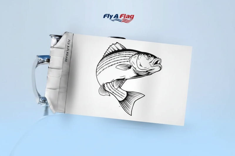 Fly A Flag brand graphic with a jumping striped bass illustration on a white flag