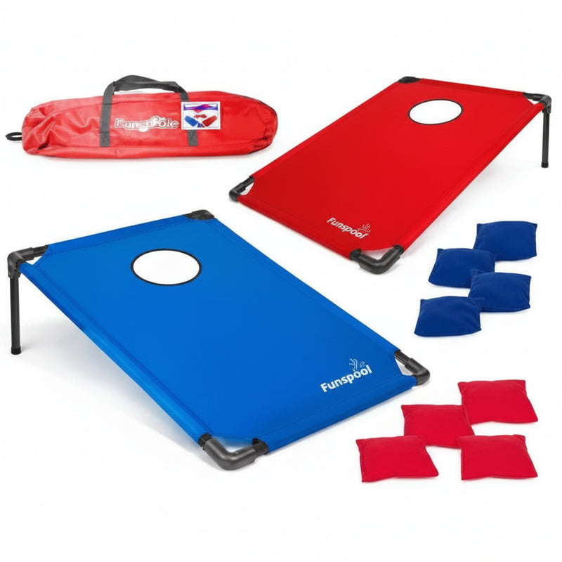 Red and blue cornhole boards with beanbags and a red carrying case