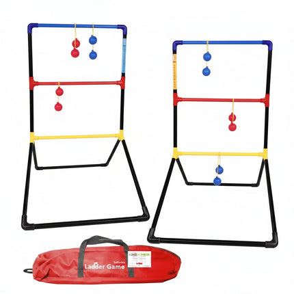 Two ladder toss games with red and blue bolas, and a red carrying bag