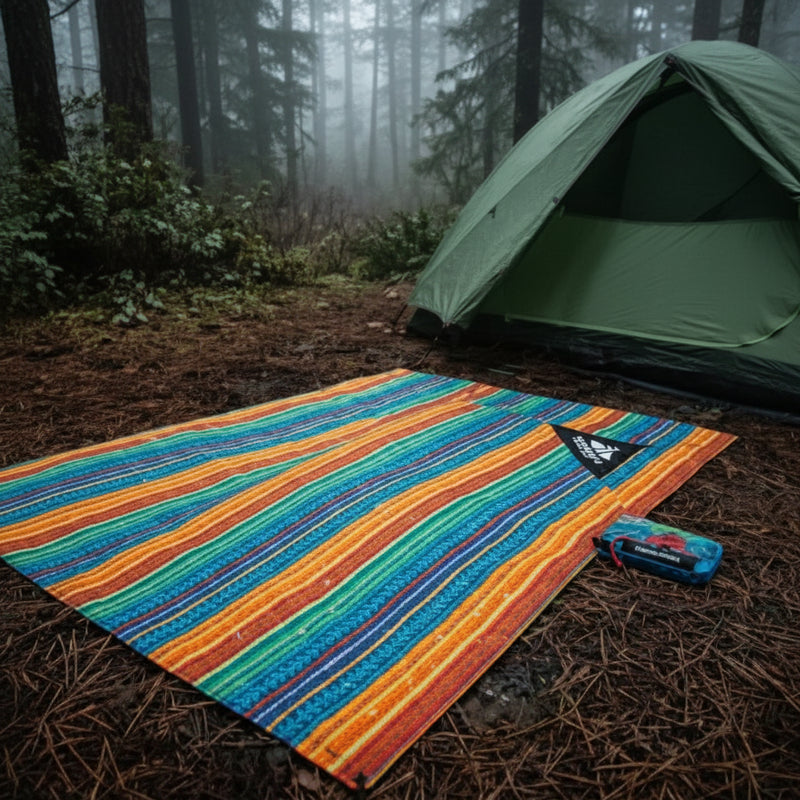 Striped outdoor blanket on forest floor with a green tent in the background