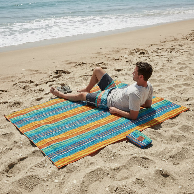 Man relaxing on a striped beach mat with a matching bag on the sand next to the ocean