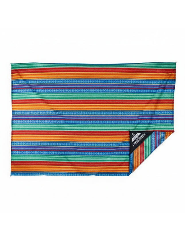Striped blanket with red, orange, blue, and green colors