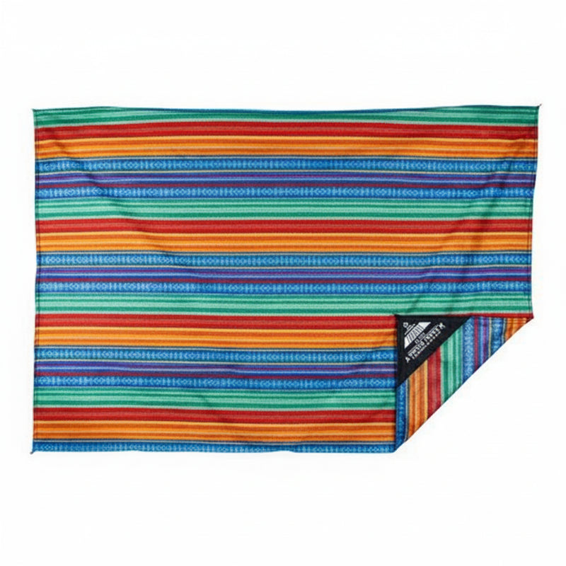 Striped blanket with red, orange, blue, and green colors