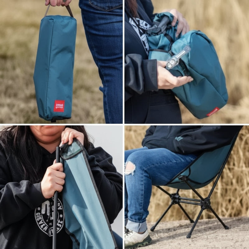 Four images show a person assembling and using a portable teal camping chair