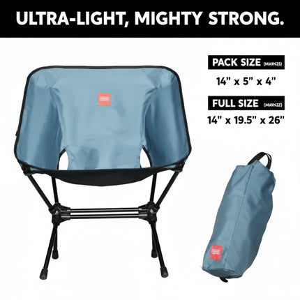 Blue portable camping chair with black frame next to its blue carrying bag and size specifications