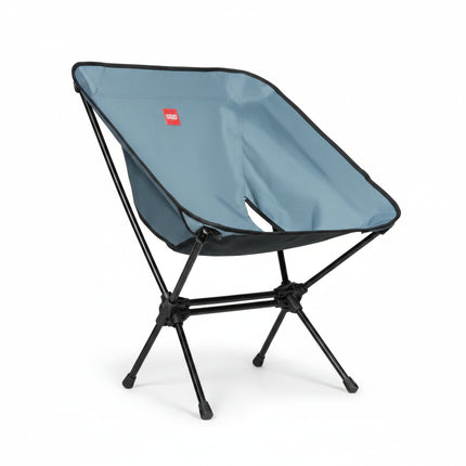 Light blue portable camping chair with black frame