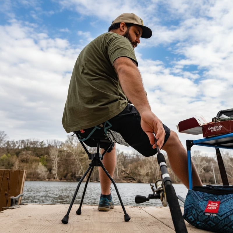 Man sitting on a portable tripod stool next to a body of water