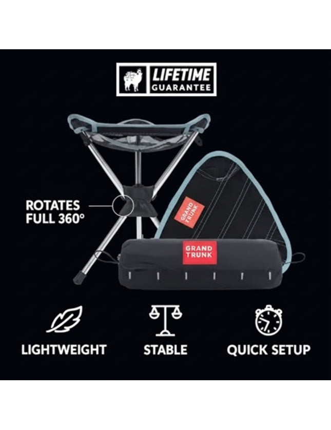 Grand Trunk camp stool with a 360-degree swivel, showing its lightweight, stable, and quick setup features