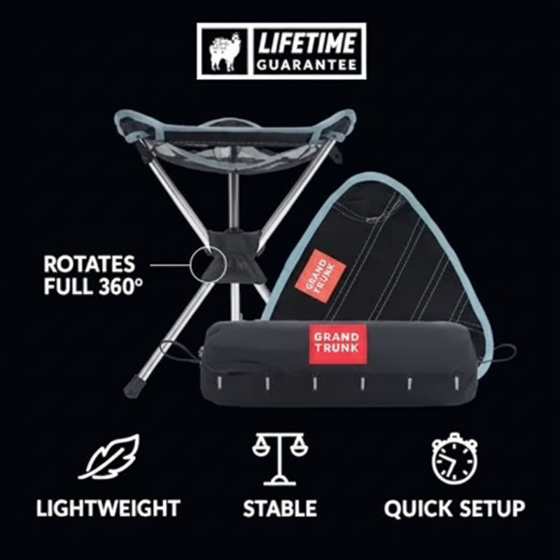 Grand Trunk camp stool with a 360-degree swivel, showing its lightweight, stable, and quick setup features