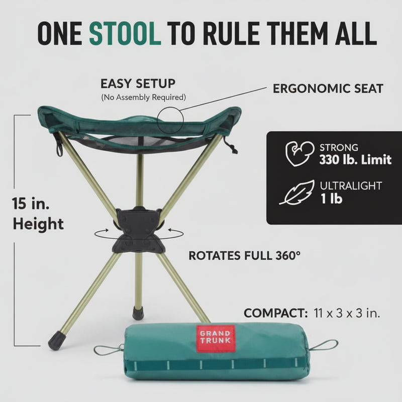 Grand Trunk portable stool with dimensions and features