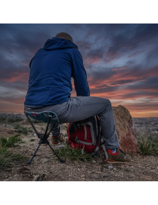 Man in blue jacket and jeans sitting on a portable stool with a red backpack beside him