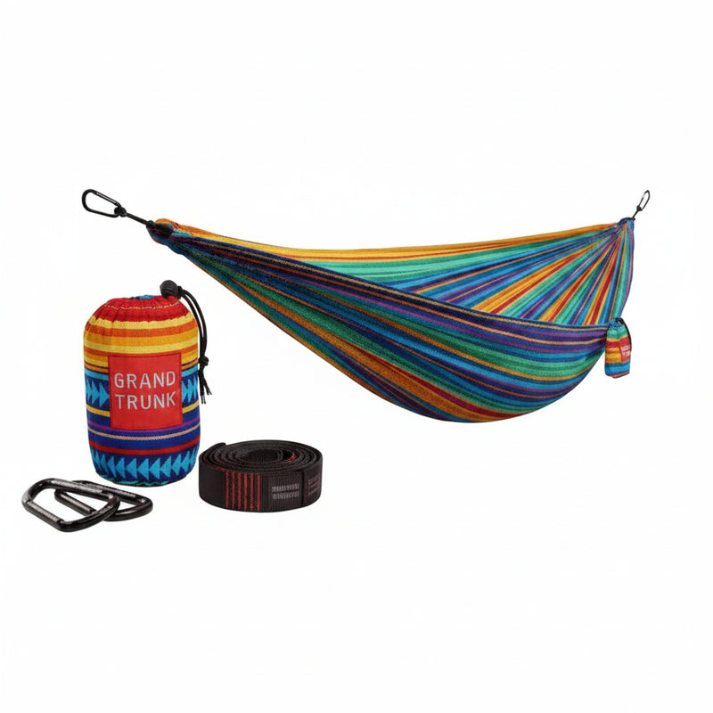 Grand Trunk hammock set with colorful striped hammock, storage bag, straps, and carabiners