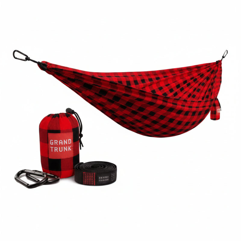 Red and black plaid hammock with matching stuff sack, tree straps, and carabiners