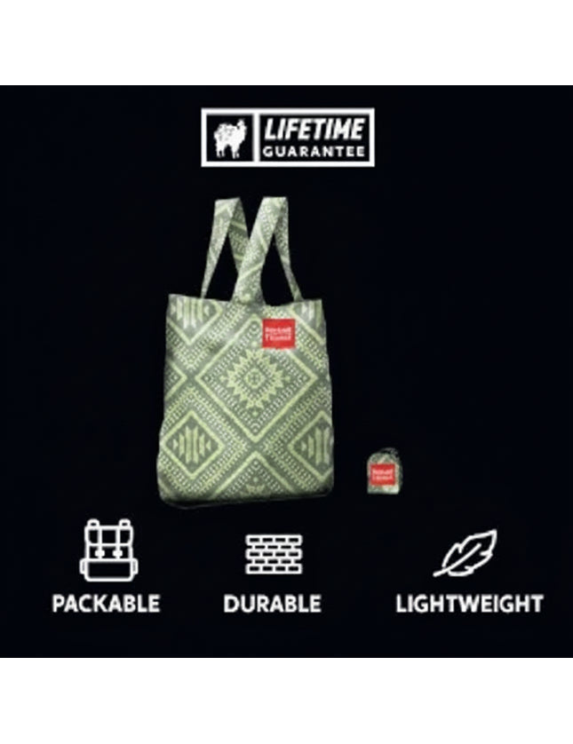 Green patterned tote bag and a smaller folded version with packable, durable, and lightweight icons