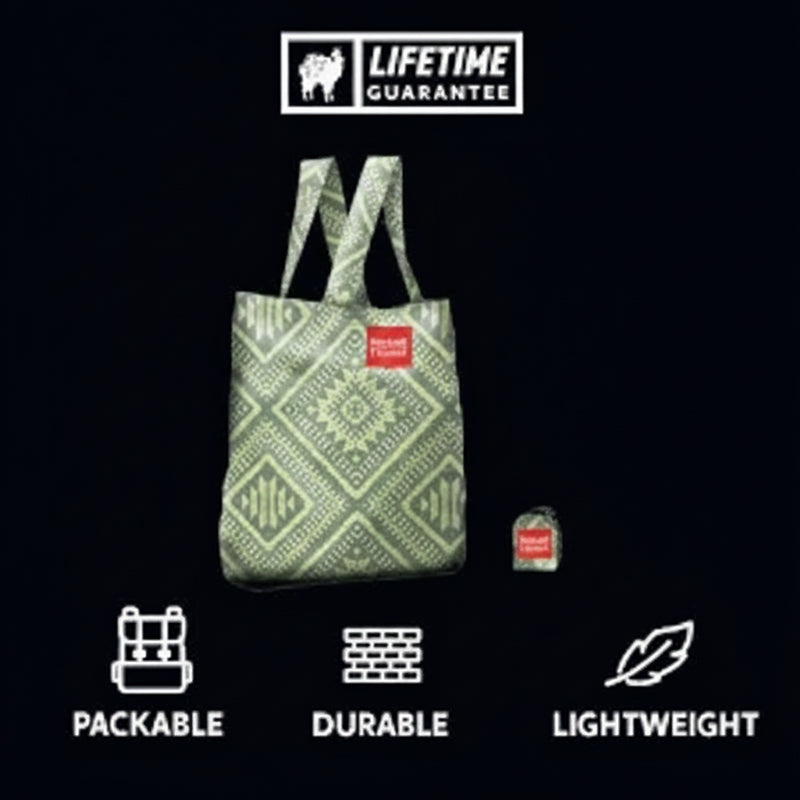Green patterned tote bag and a smaller folded version with packable, durable, and lightweight icons