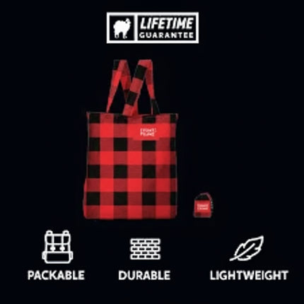 Red and black buffalo plaid reusable shopping bag with a smaller matching pouch