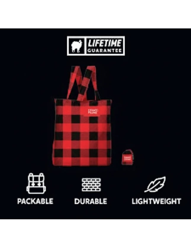 Red and black buffalo plaid reusable shopping bag with a smaller matching pouch