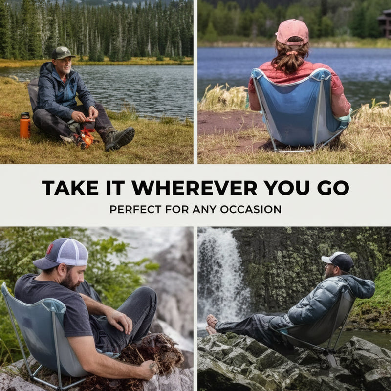 Four images of people using portable chairs outdoors by a lake, river, and waterfall