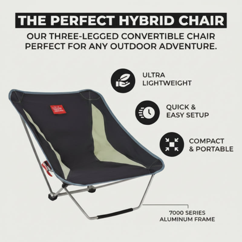 Black and green three-legged convertible chair with text describing features