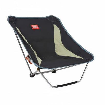 Black and tan portable camping chair with metal frame