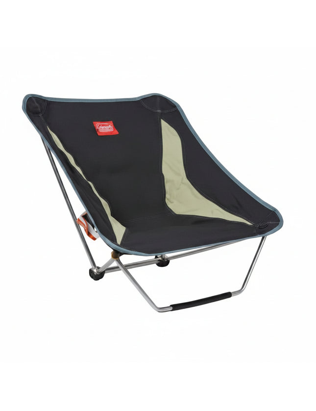 Black and tan portable camping chair with metal frame