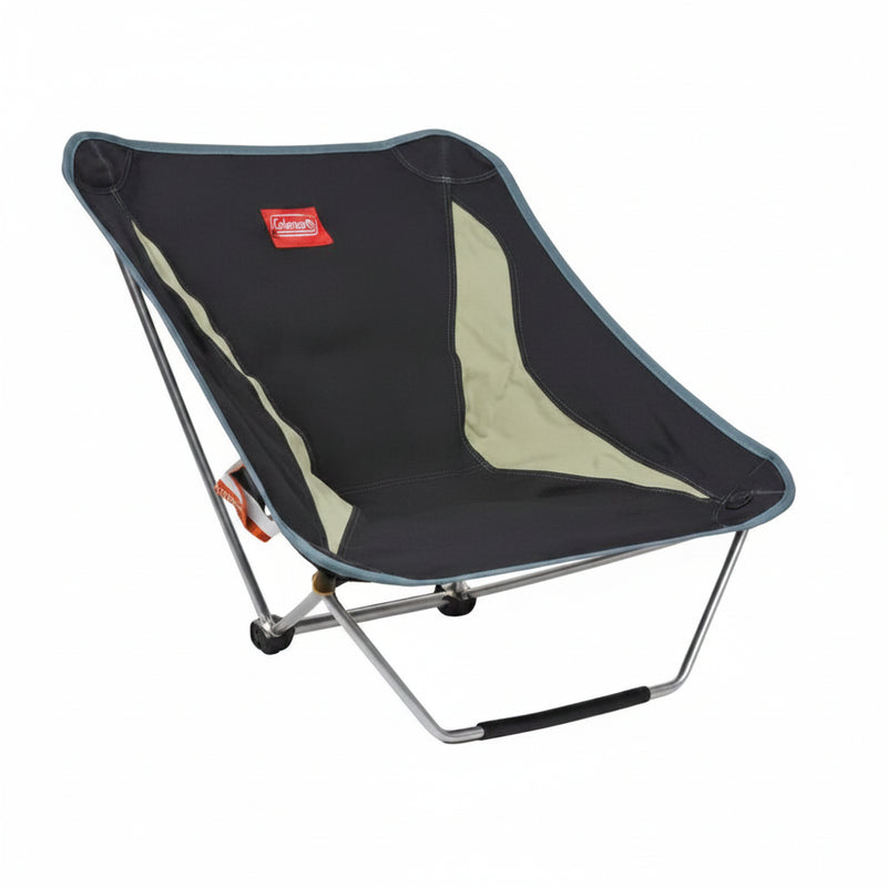 Black and tan portable camping chair with metal frame