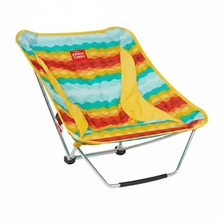 Colorful striped low beach chair with yellow accents