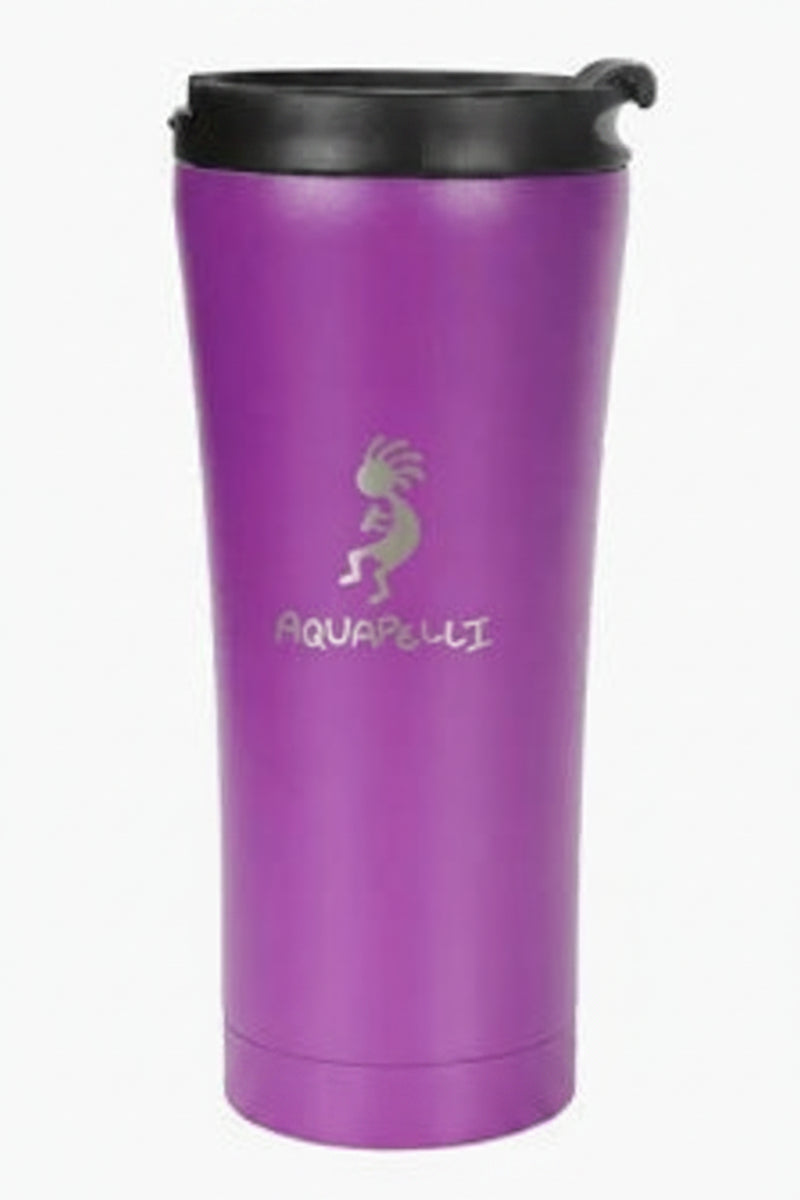 Purple tumbler with black lid on a white background