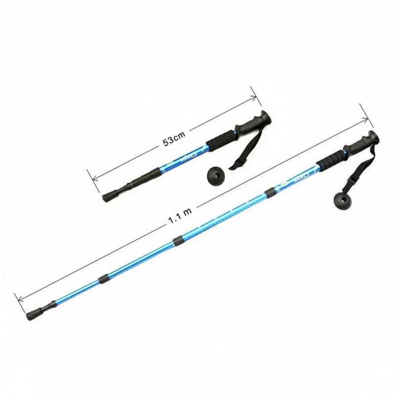 Two blue hiking poles, one collapsed to 53cm, the other extended to 1.1m, with black handles and tips