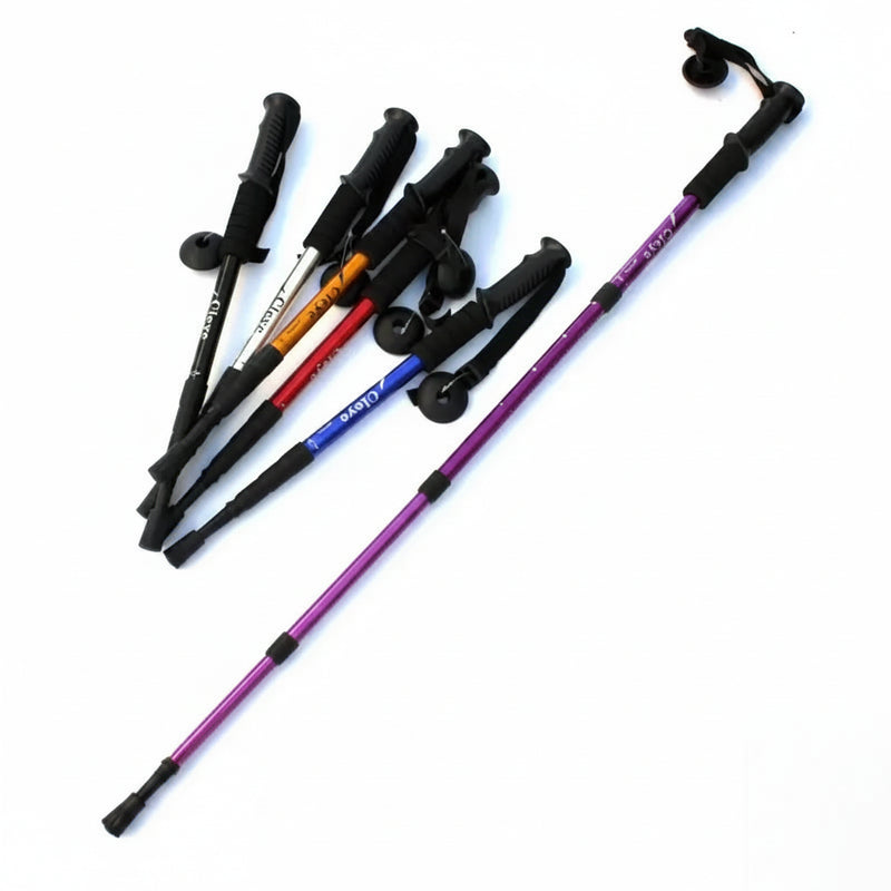 Assortment of colorful trekking poles with black handles and baskets, one purple pole extended