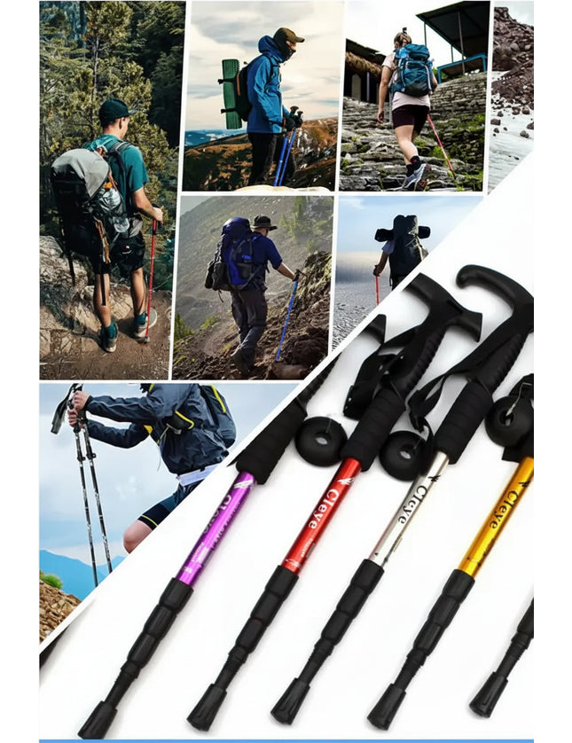 Collage of hikers using trekking poles in various outdoor settings and close-up of colorful trekking poles