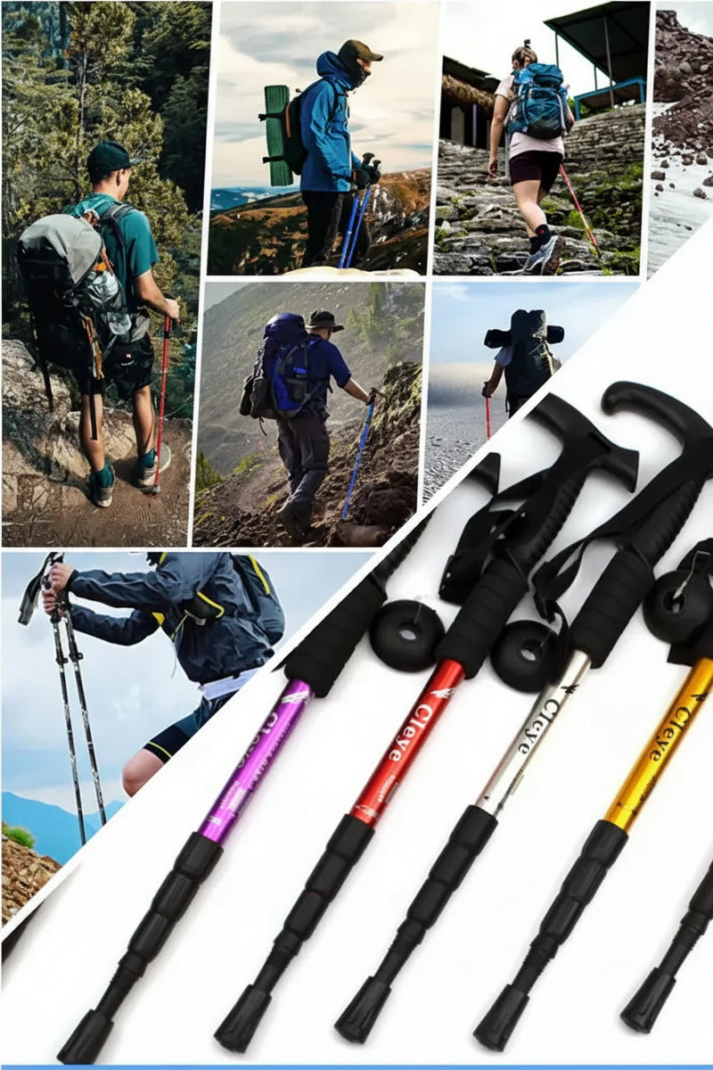 Collage of hikers using trekking poles in various outdoor settings and close-up of colorful trekking poles