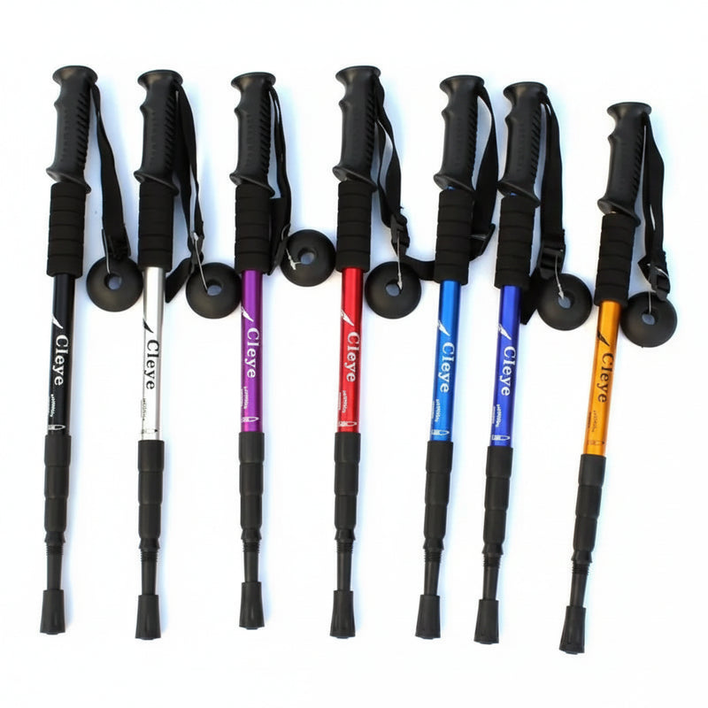 Six trekking poles in black, silver, purple, red, blue, and gold with black handles and straps
