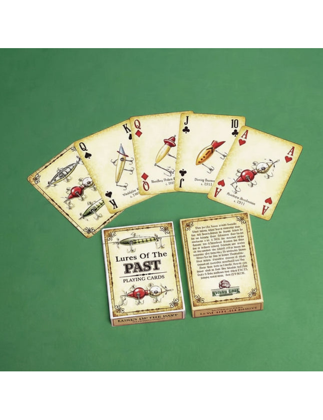 A boxed deck of vintage-style fishing lure playing cards called "Lures Of The PAST" shown with several cards fanned out on a green background.
