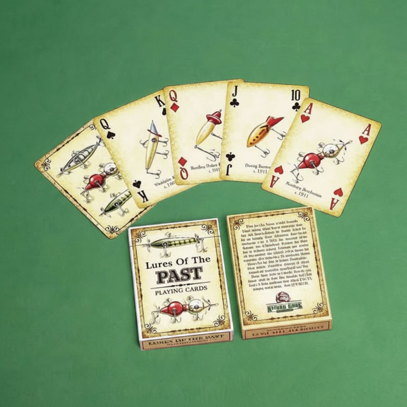 A boxed deck of vintage-style fishing lure playing cards called "Lures Of The PAST" shown with several cards fanned out on a green background.