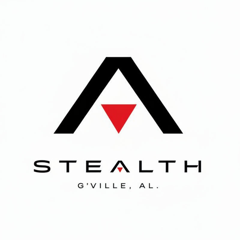 A minimalist logo featuring a large black stylized 'A' with a red inverted triangle at the center, above the word 'STEALTH' and the text 'G'VILLE, AL.' on a plain white background.